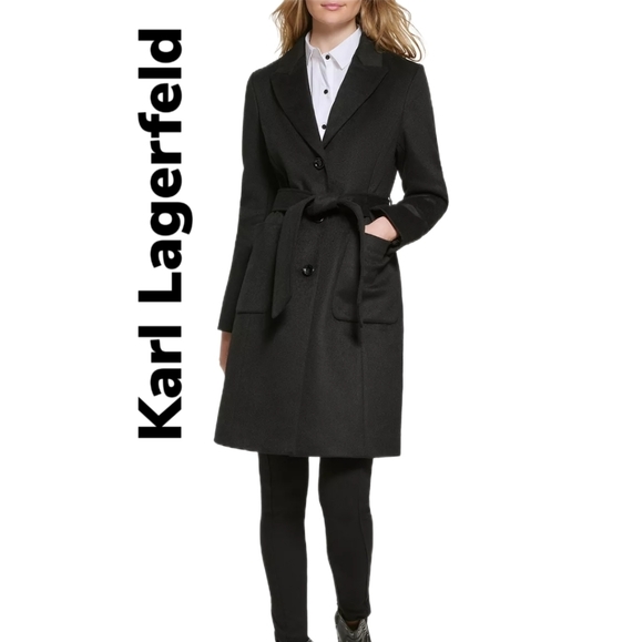 Karl Lagerfeld Jackets & Blazers - Karl Lagerfeld Paris Black Wool Blend Womens Over Coat Sz XL Pockets Belted Logo